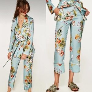 Zara Sky Blue Floral Satin Pajama Pants
